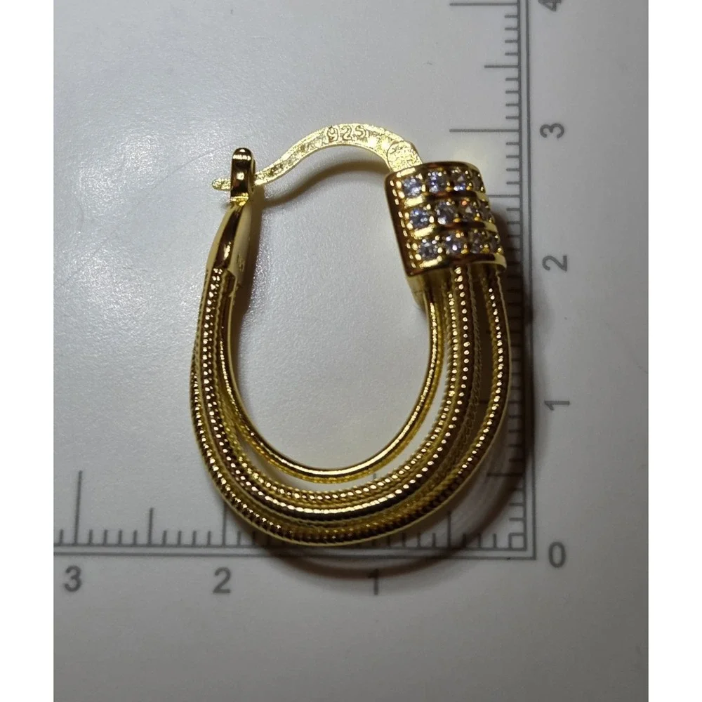 Stunning Sterling Silver Chandelier Hoop Earrings Pave CZ 30mm Bright Gold Tone